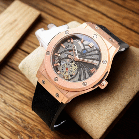 Stylish Skeleton Dial Men's Watch | Black Leather Strap & Date Function
