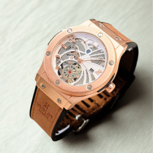 Stylish Skeleton Dial Men's Watch | Brown Leather Strap & Date Function