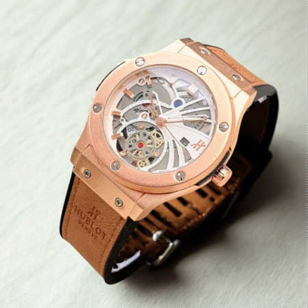 Stylish Skeleton Dial Men's Watch | Brown Leather Strap & Date Function